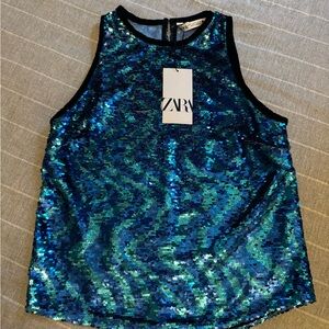 NWT ZARA Blue and Green Sequin Tank Top size small
